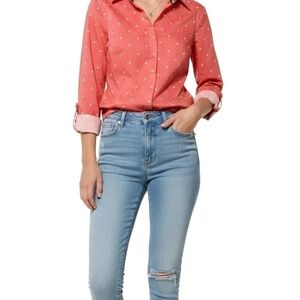Laura Scott Coral and White Polka Dot Shirt